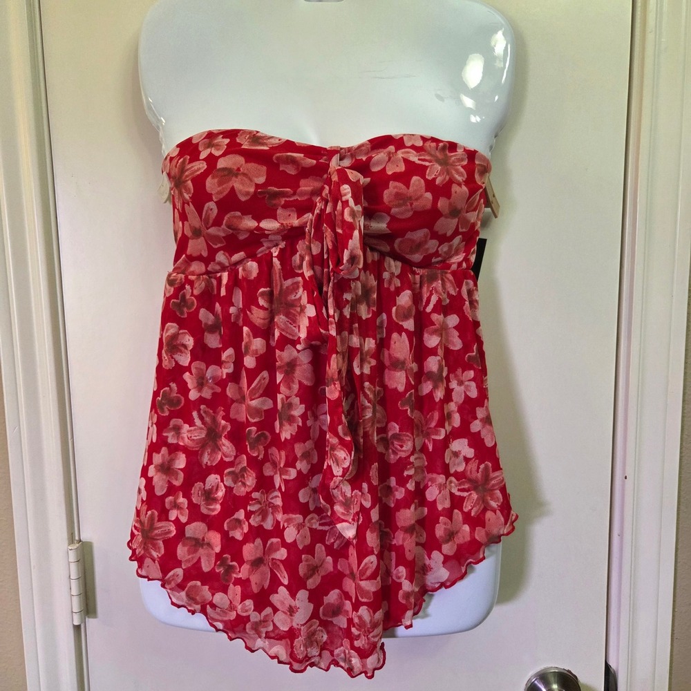 No Boundaries Red Floral Mesh Tube Top Handkerchief Hem Smocked Back Juniors M